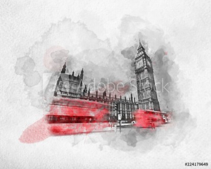 Bild på Watercolor painting of red bus in London the UK